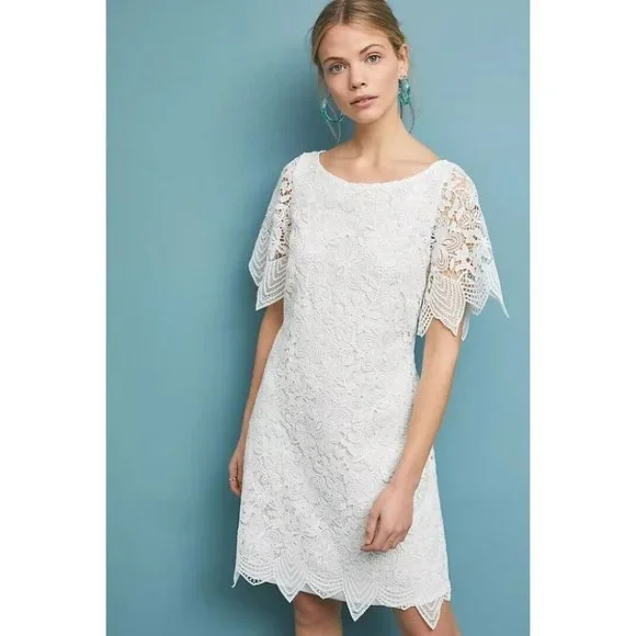 Anthropologie | Dresses | Anthropologie Charleston Lace Mini Dress White  Sheer Sleeves Cocktail Party Sz 6 | Poshmark